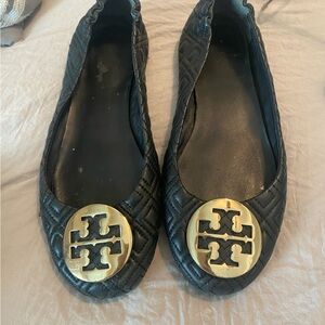 Tory Burch Quilted Black Flats with Gold Emblem